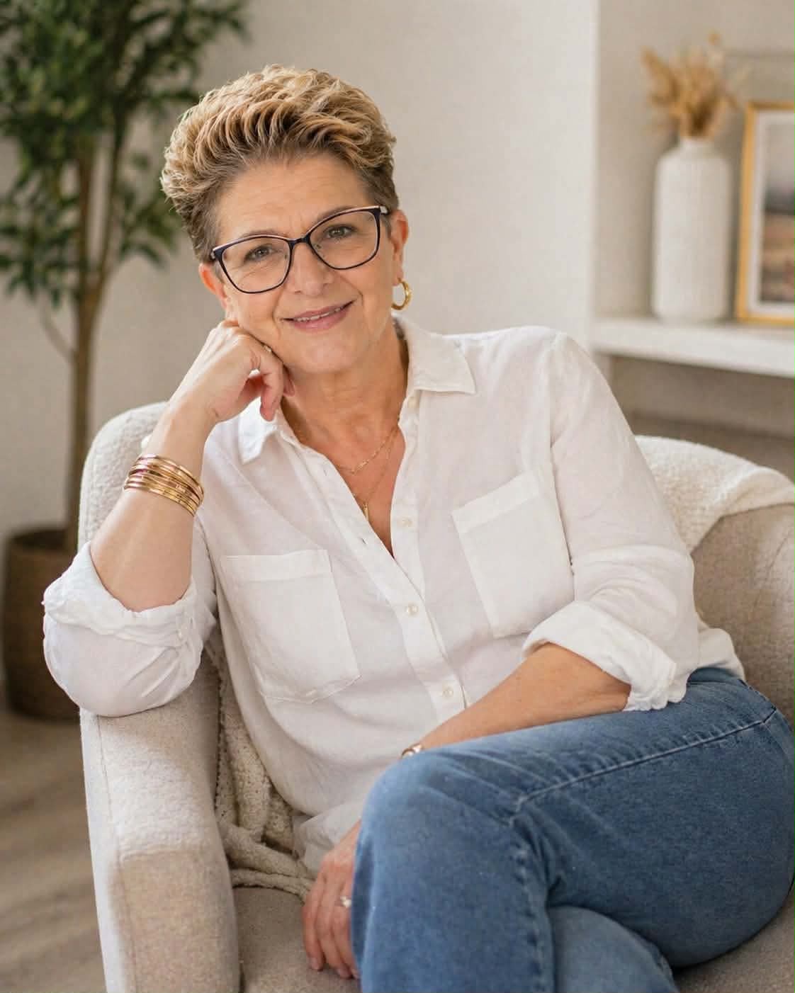 Lee-Ann Werner seated in a cream armchair, smiling warmly